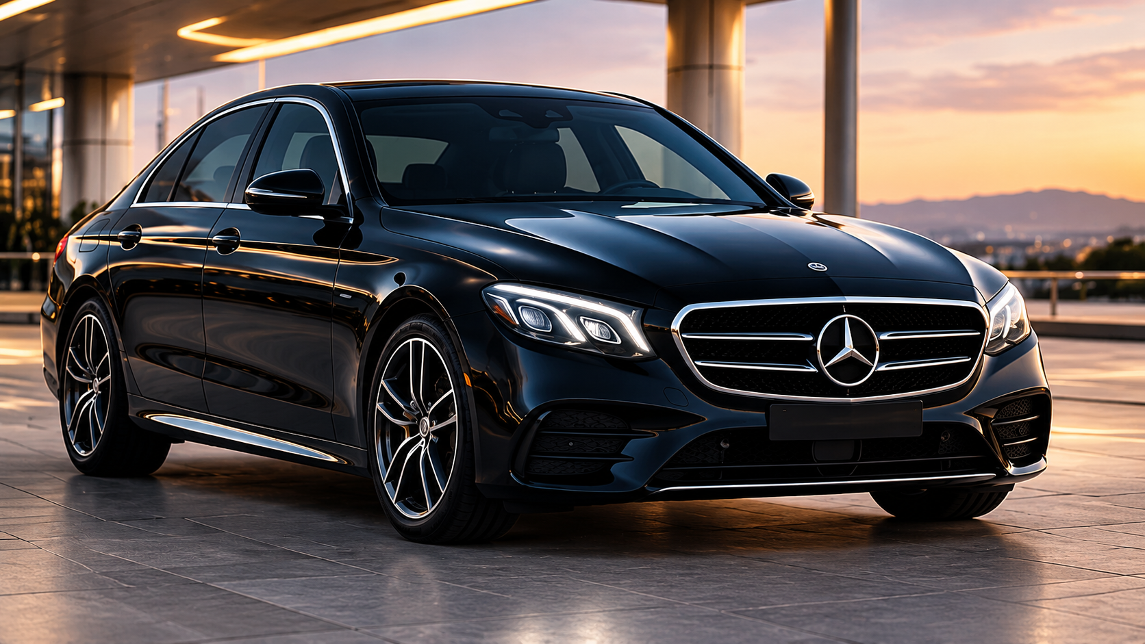 Black luxury chauffeur sedan at sunset, Syfy Limousine New York